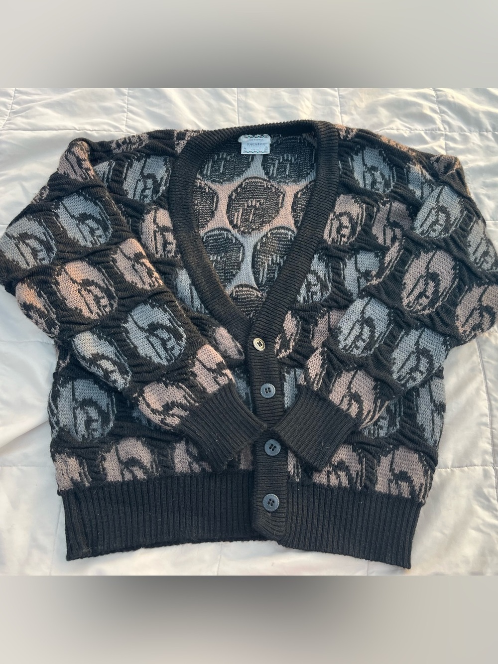 Vintage Kalaroo Wool Men Cardigan, Size M, 3D All Over Pattern.